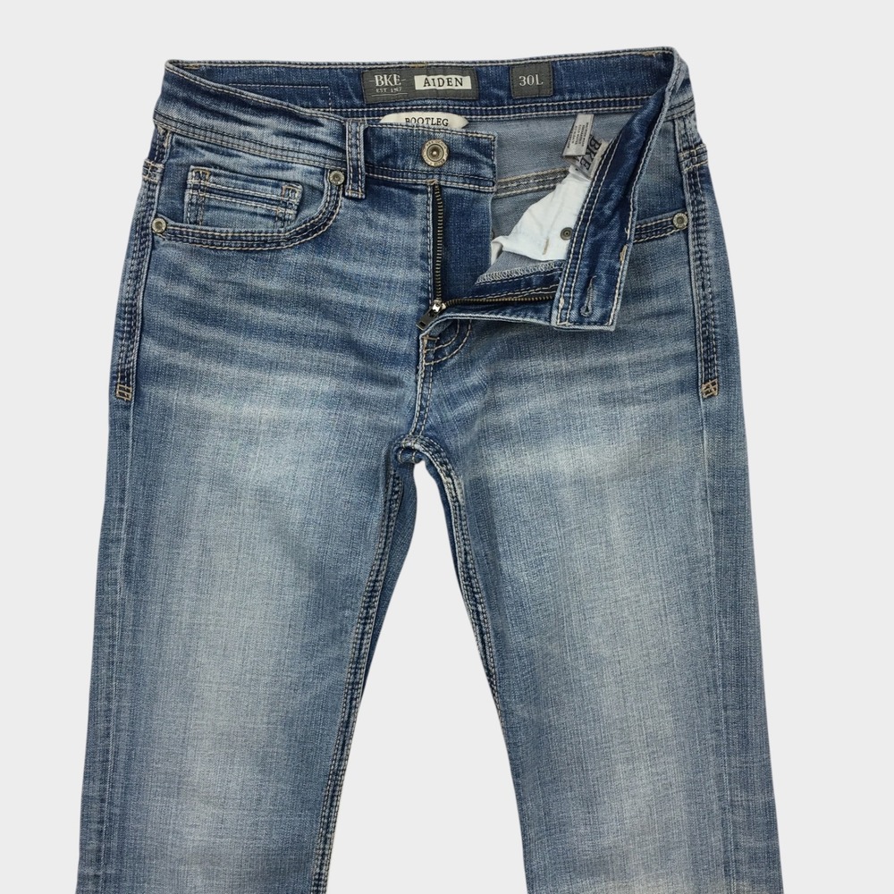 BKE Aiden Bootleg Jeans Mens 30L Blue Distressed Stretch Denim Pants